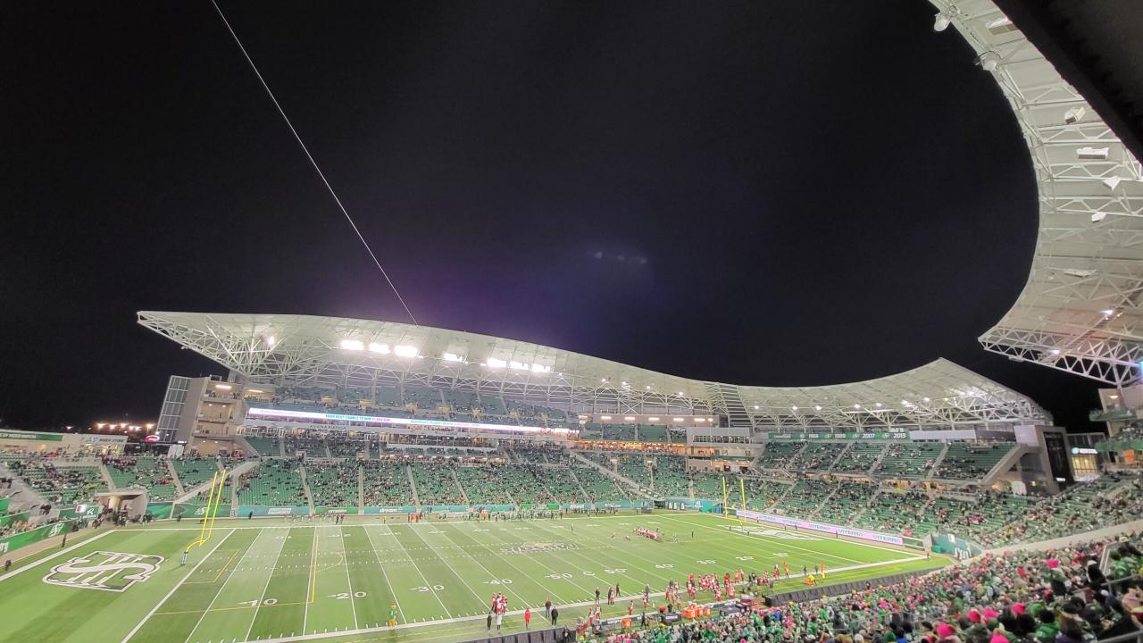 Saskatchewan Roughrider game at Mosaic Field at night